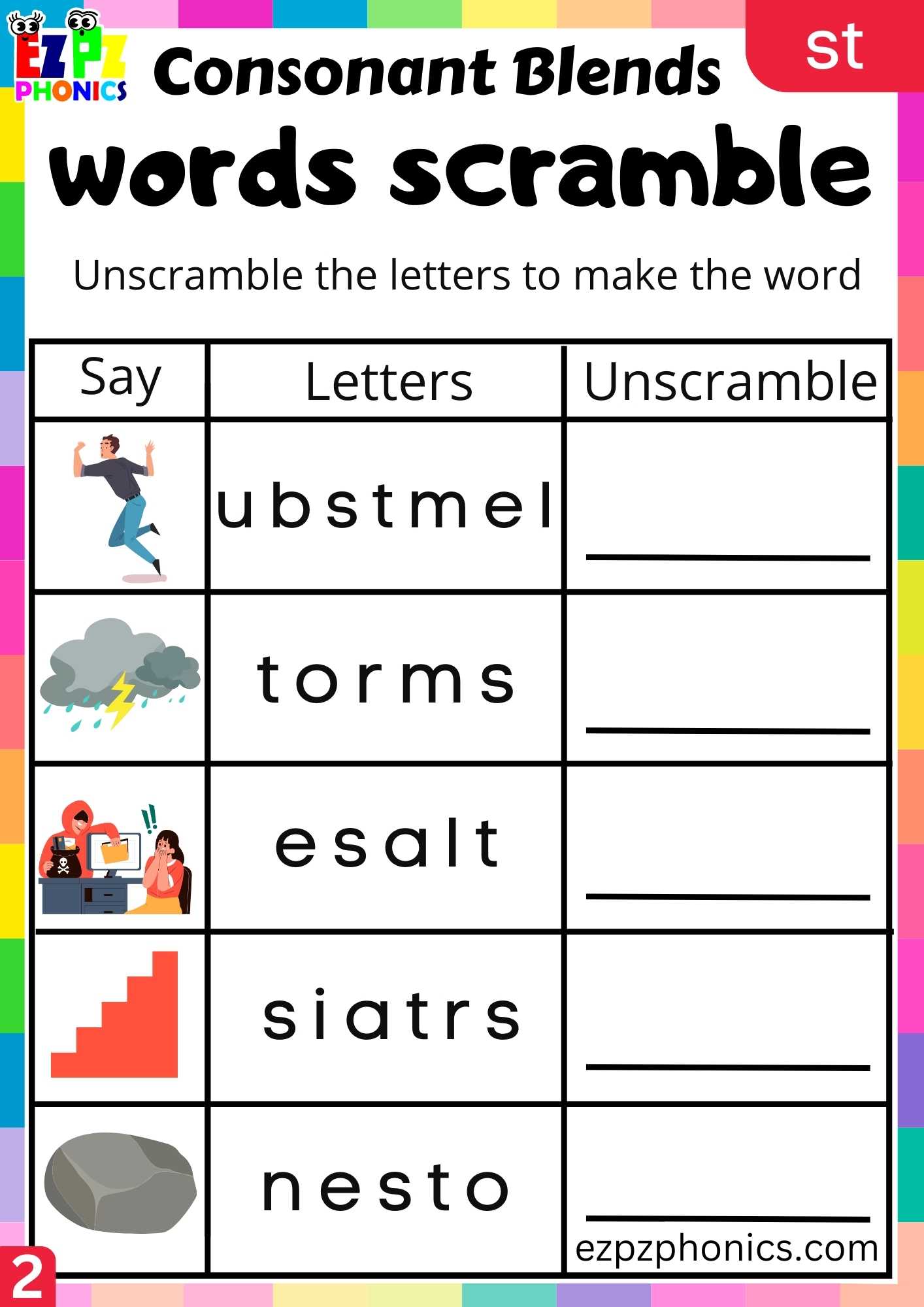 Group2 ST Words Words Scramble Phonics Consonant Blends Worksheet